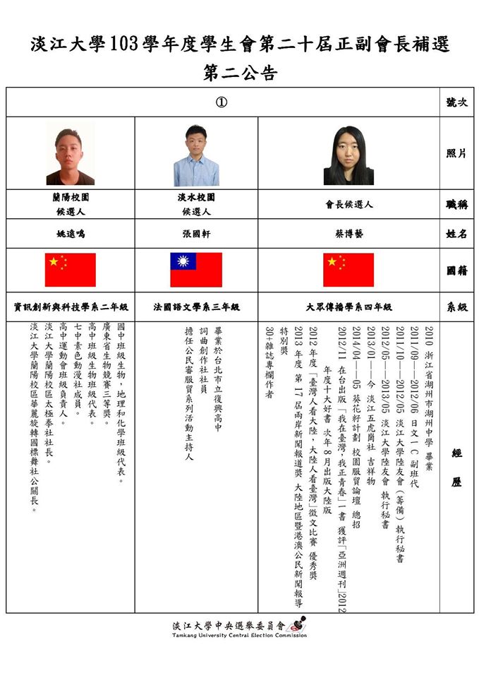 淡江大學學生會選舉公告，出現五星旗。 圖片來源：淡江大學中央選舉委員會臉書粉絲頁