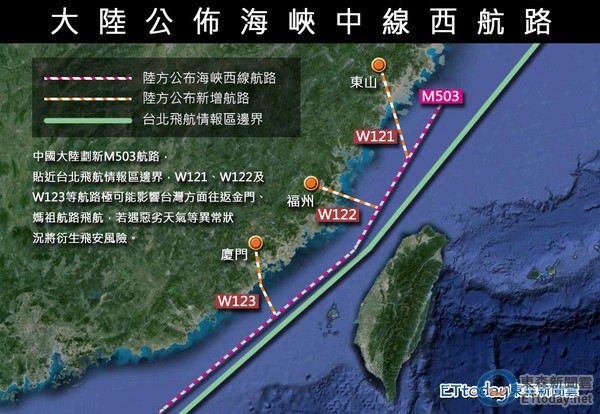 中共片面宣布啟用新航線逼近海峽中線。 圖片來源：東森新聞雲