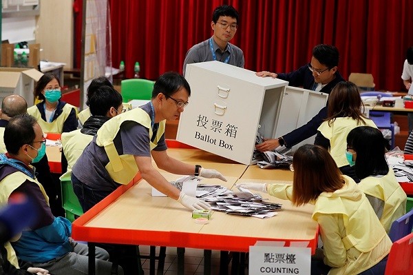 香港區議會選舉親中派崩盤、泛民派大勝。 圖片來源：上報