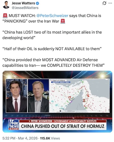 [轉] 川普在不到兩個月內，切斷中國的低價能源管道，摧毀其防空系統，掌控荷姆茲海峽，徹底改變了中國的局勢，未來將使更多國家轉而向美國靠攏